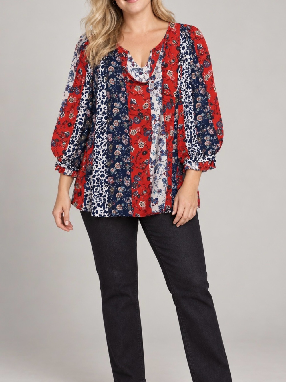 Zac & Rachel Red and Navy Floral Patchwork Peasant Blouse